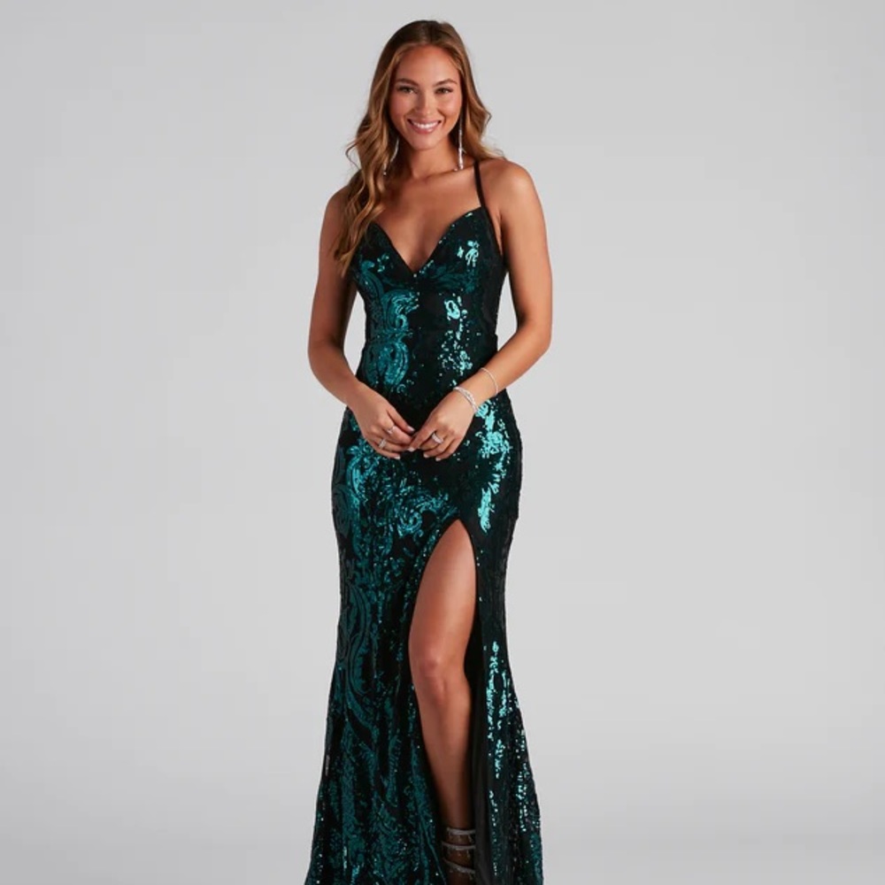 Teal Sequined Mermaid Floor Length Dress